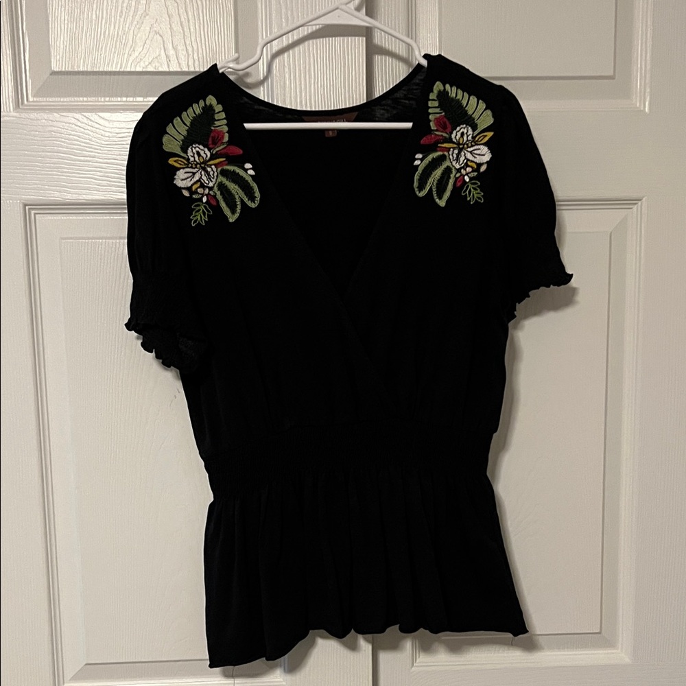Anthropologie Embroidered Black Top
